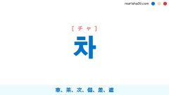 韓国語ハングル 차 [チャ] 車、茶、次、借、差、遮 意味・活用・表現例と音声発音
