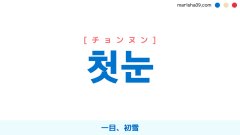 韓国語ハングル 첫눈 [チョンヌン] 一目、初雪 意味・活用・表現例と音声発音