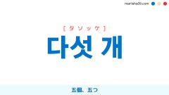 韓国語ハングル 다섯 개 [タソッケ] 五個、五つ 意味・活用・表現例と音声発音
