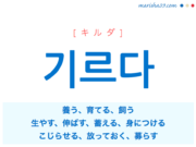 韓国語単語・ハングル 기르다 [キルダ] 養う、育てる、飼う、生やす、伸ばす、蓄える、身につける、こじらせる、放っておく、募らす 意味・活用・読み方と音声発音 MARISHA Twitter