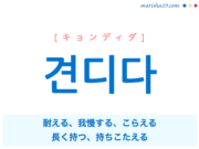 韓国語単語・ハングル 견디다 [キョンディダ] 耐える、我慢する、こらえる、長く持つ、持ちこたえる、生計をたてる 意味・活用・読み方と音声発音