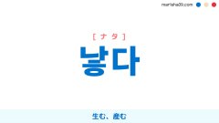 韓国語ハングル 낳다 [ナタ] 生む、産む、もたらす、生じる、出現させる、生み出す 意味・活用・表現例と音声発音