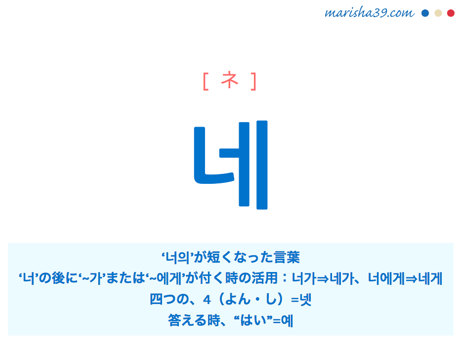韓国語単語勉強 ハングル 네 ネ 너 と 넷 の活用 はい 返事 意味 活用 発音 韓国語勉強marisha
