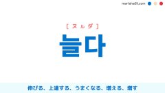韓国語単語勉強 늘다 [ヌルダ] 伸びる、上達する、うまくなる、増える、増す 意味・活用・読み方と音声発音