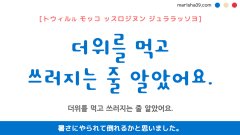韓国語ハングルフレーズ音声 더위를 먹고 쓰러지는 줄 알았어요. 暑さにやられて倒れるかと思いました。