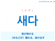 韓国語単語・ハングル 새다 [セダ] 夜が明ける、（水などが）漏れる、抜け出す 意味・活用・読み方と音声発音
