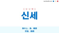 韓国語ハングル 신세 [シンセ] 身の上、身、境涯、世話、面倒 意味・活用・表現例と音声発音