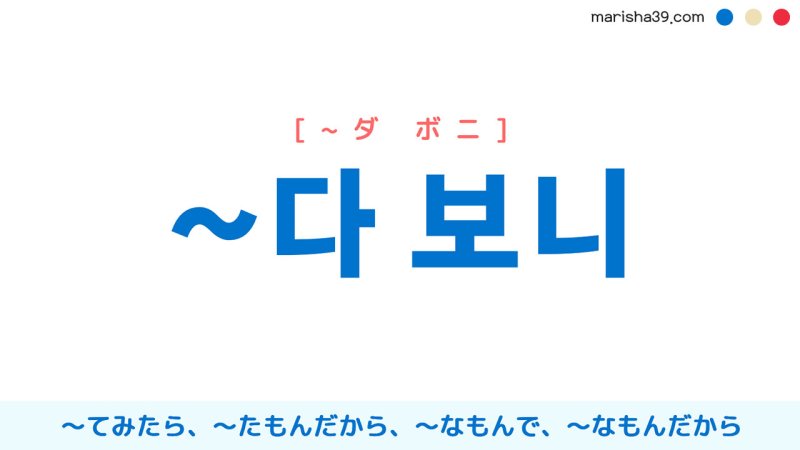 韓国語表現【~다 보니】[~ダ ボニ] 〜てみたら、〜たもんだから、〜なもんで、〜なもんだから