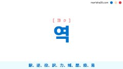 韓国語ハングル 역 [ヨク] 駅、逆、役、訳、力、域、歴、疫、易 意味・活用・表現例と音声発音